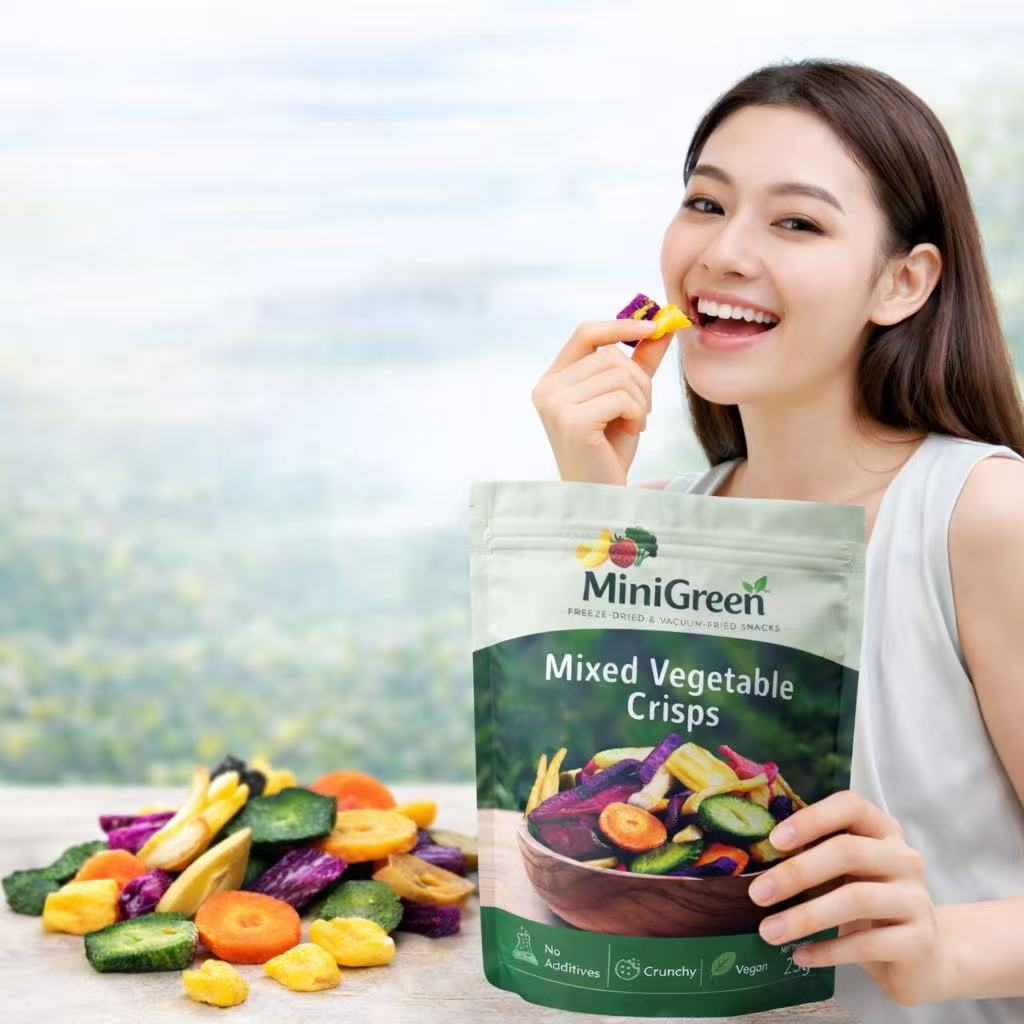 Woman enjoying MiniGreen Mixed Vegetable Crisps